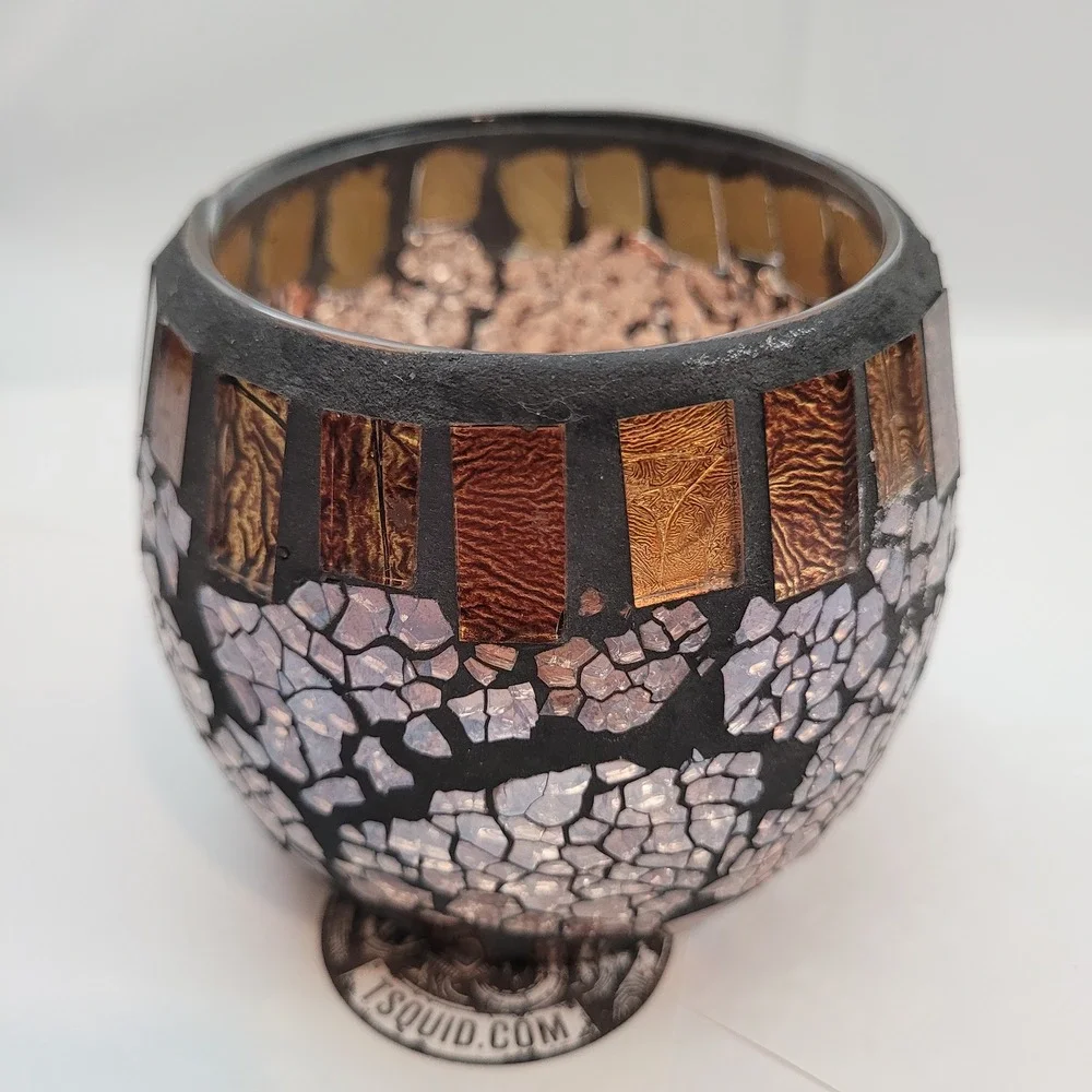 Mosaic Glass Votive Candle Holder Amber Copper Iridescent Boho Mosaic Decor